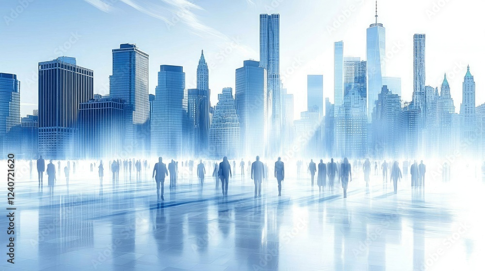 Ghostly Figures Walking Through A Modern Cityscape Ghostly Figures Walking Through A Modern Cityscape