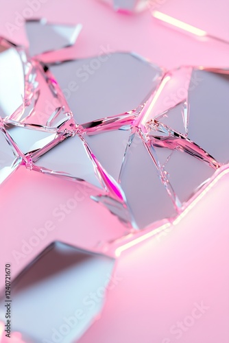 A fragmented chrome surface displays striking cracks, glowing under the intense pink neon light. The dramatic illumination adds depth while leaving space for creative text integration photo