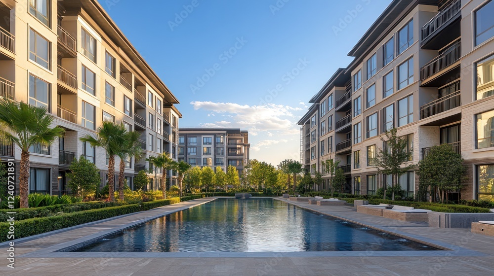 Luxury apartment complex pool, sunny day Luxury apartment complex pool, sunny day