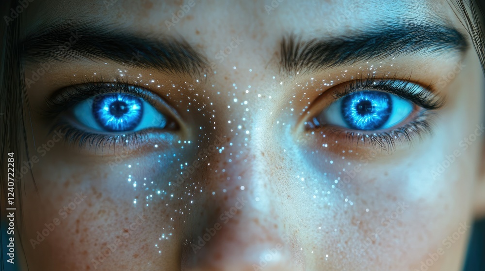 Bright blue eyes with sparkles look intensively into the distance showcasing unique beauty and intricate details Bright blue eyes with sparkles look intensively into the distance showcasing unique beauty and intricate details