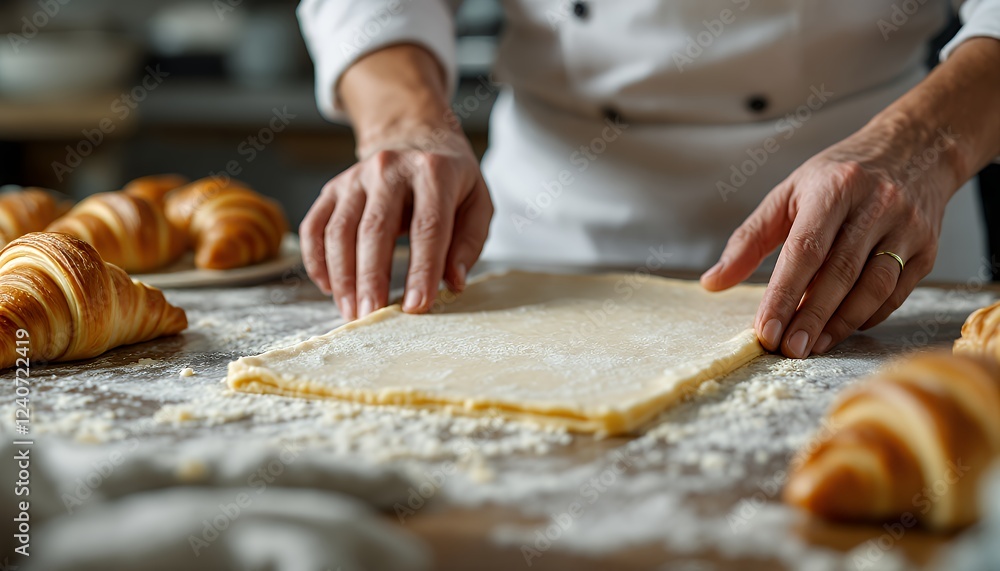 Chef Preparing Fresh Pastry Dough with Floury Surface and Croissants in Cozy Bakery Kitchen Chef Preparing Fresh Pastry Dough with Floury Surface and Croissants in Cozy Bakery Kitchen