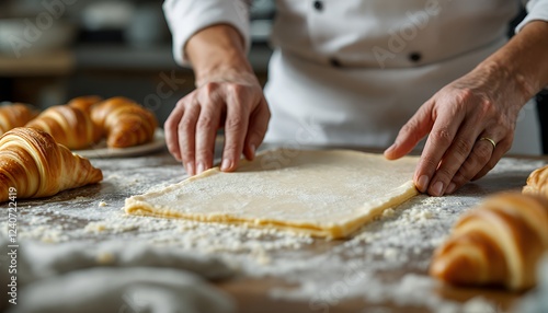 Chef Preparing Fresh Pastry Dough with Floury Surface and Croissants in Cozy Bakery Kitchen photo