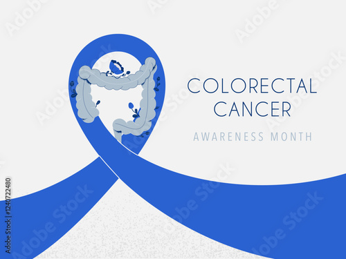 Colorectal Cancer awareness month banner with blue ribbon and human intestine in bloom with text. Medical, health care and prevention concept digestive oncology diseases. vector illustration