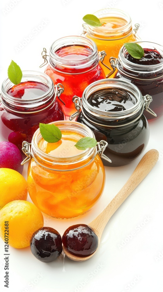 Uniquely Shaped Glass Jars Filled with Gourmet Jams and Fresh Fruits Uniquely Shaped Glass Jars Filled with Gourmet Jams and Fresh Fruits