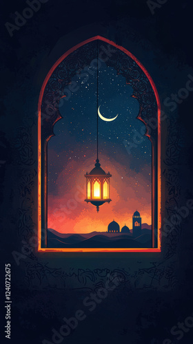 Ornate Lantern Glowing Against Starry Ramadan Sky