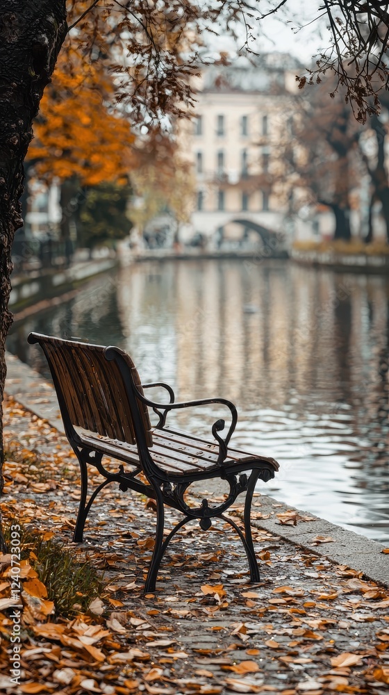 Fototapeta premium Weathered Wooden Bench Surrounded by Autumn Leaves by Calm Canal