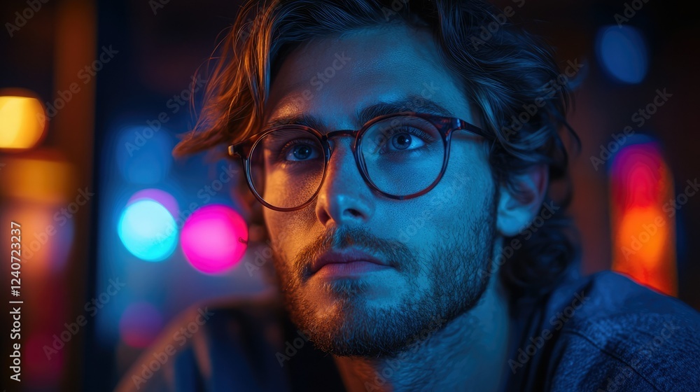 Young man with glasses contemplating in a dimly lit bar during the evening with colorful lights in the background Young man with glasses contemplating in a dimly lit bar during the evening with colorful lights in the background