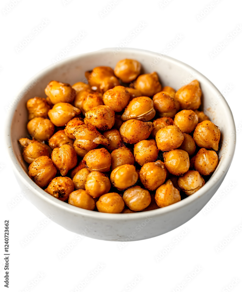 A small bowl of roasted chickpeas with spices, placed on a white surface. Transparent background
A small bowl of roasted chickpeas with spices, placed on a white surface. Transparent background