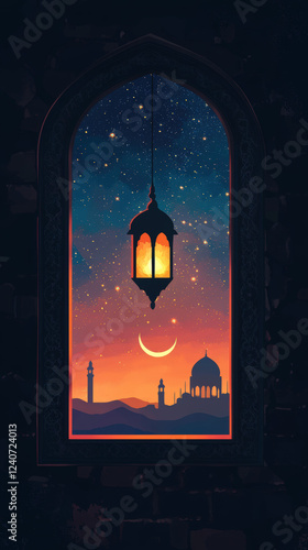 Nighttime View of Mosque Framed by Lantern and Moon