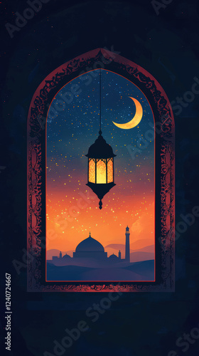 Mystical Ramadan Scene with Lantern and Twilight Sky