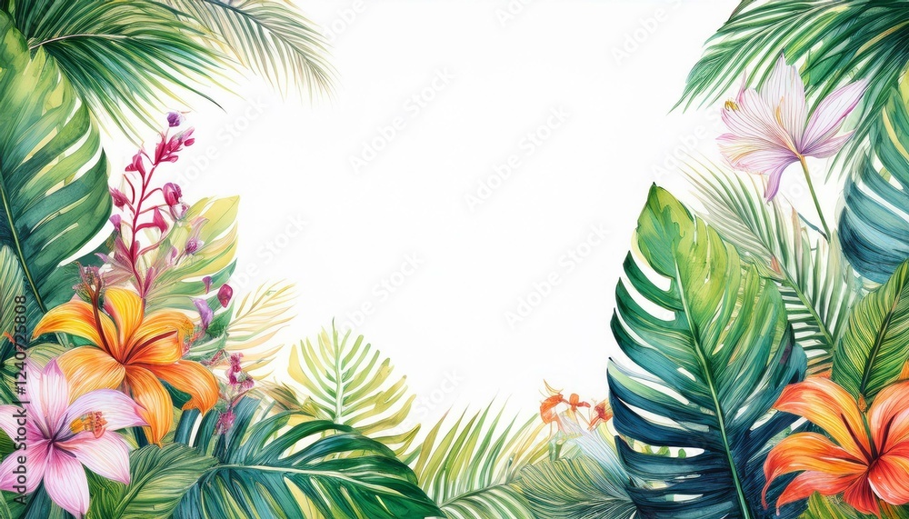 border frame beautiful palm tree leaves and jungle flowers on white background; copy space for your text