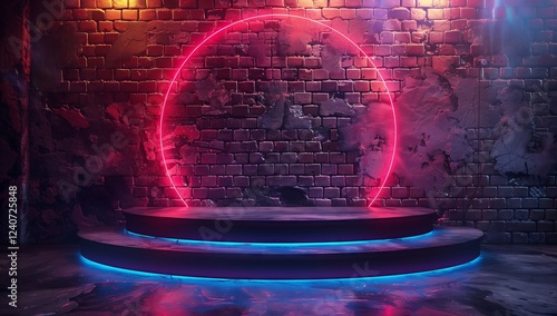 A stunning neonlit stage prominently featuring an array of colorful circular lights set against a textured brick wall photo