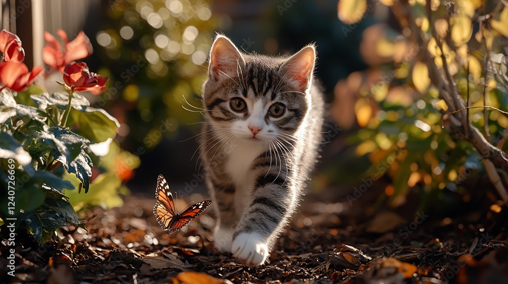 Kitten exploring garden, butterfly nearby, autumn leaves, pet photography