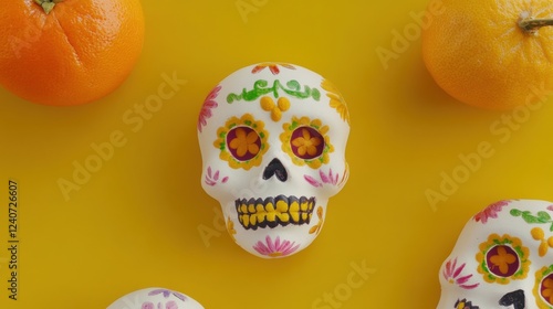 Colorful Sugar Skull Display: A vibrant composition featuring decorated sugar skulls and oranges on a bright yellow background for festive celebrations. photo