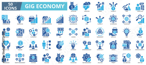 Gig economy icon collection set. Containing capitalism, caregiving, flexibility, goal, consultant, compensation, innovation, business icon. Simple color vector