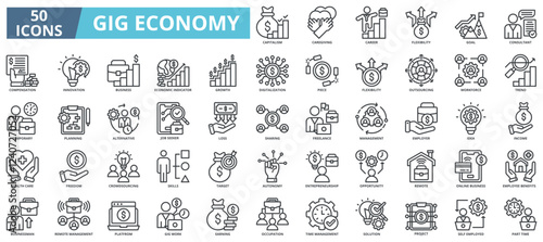 Gig economy icon collection set. Containing capitalism, caregiving, flexibility, goal, consultant, compensation, innovation, business icon. Simple line vector
