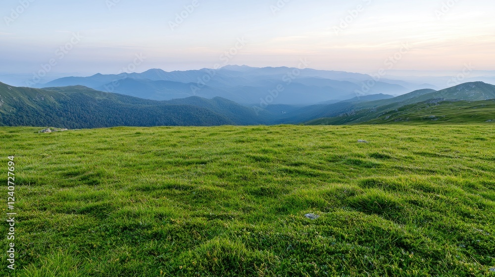 Mountain meadow sunset landscape, vast green field, distant peaks, travel scenery Mountain meadow sunset landscape, vast green field, distant peaks, travel scenery