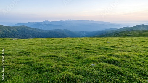 Mountain meadow sunset landscape, vast green field, distant peaks, travel scenery