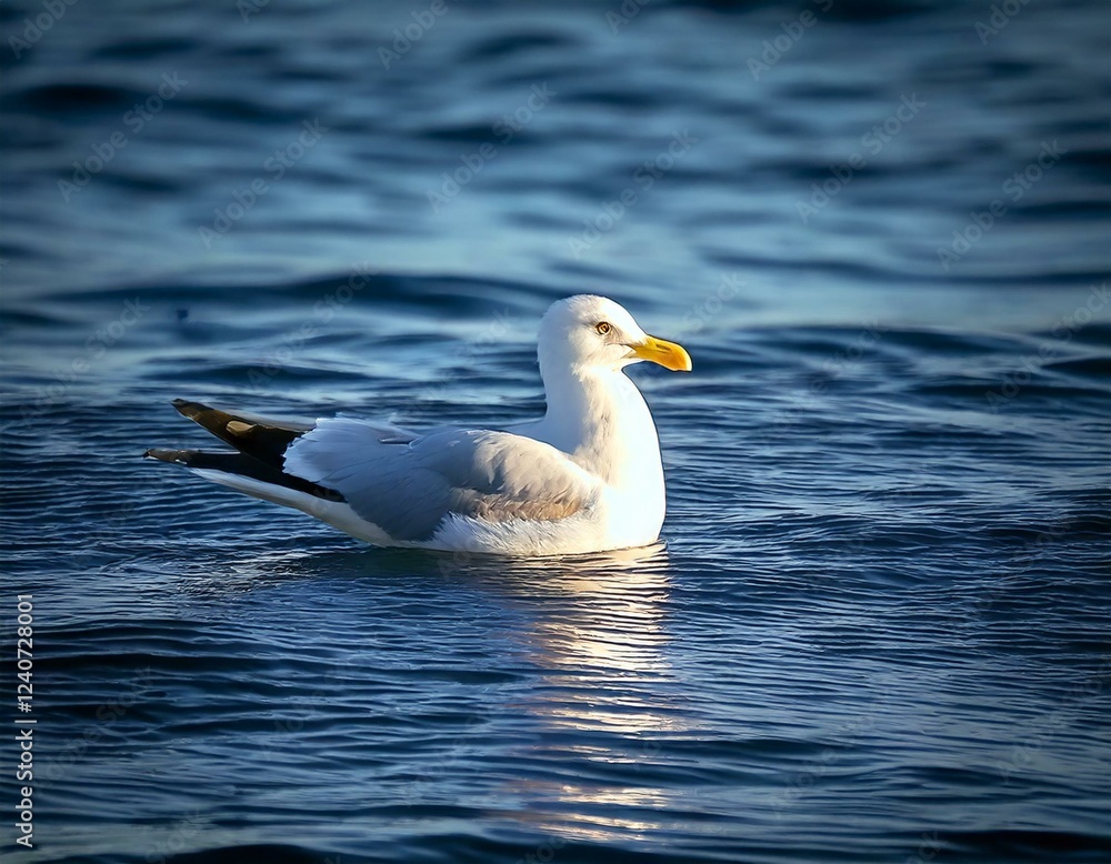 A close-up of a graceful seagull floating on the water, with shimmering ripples reflecting the sunlight, epitomizing serenity. A close-up of a graceful seagull floating on the water, with shimmering ripples reflecting the sunlight, epitomizing serenity.