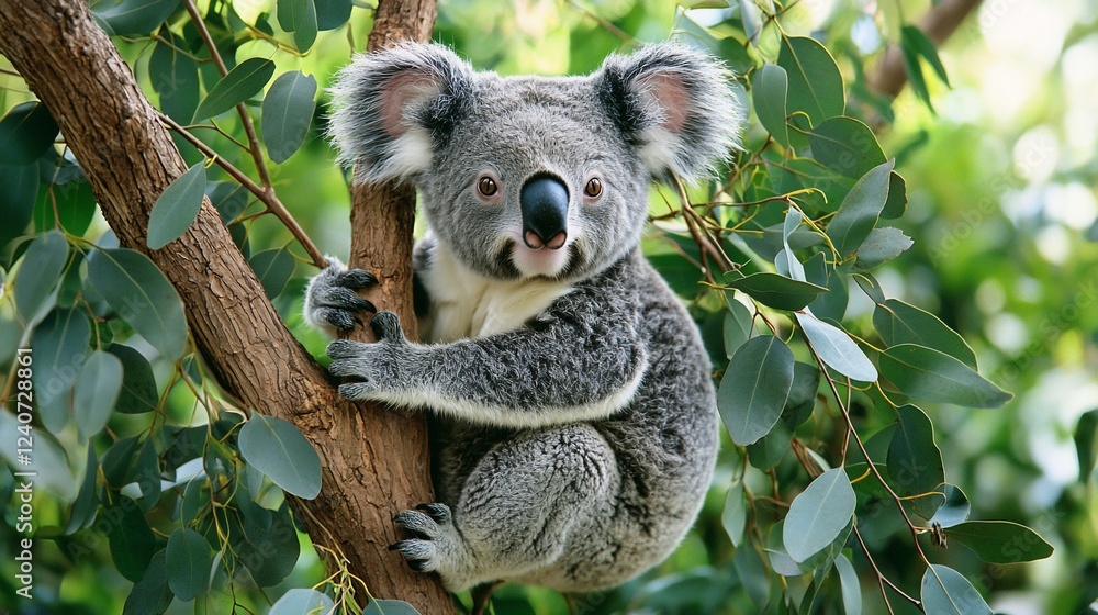 Fototapeta premium Koala in Eucalyptus Tree, Australia. Wildlife habitat, nature background