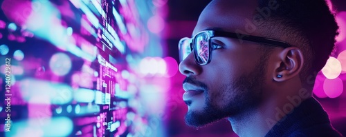 A focused individual gazes at vibrant digital data displays, illuminated by purple and blue lights, emphasizing a tech-savvy atmosphere.
