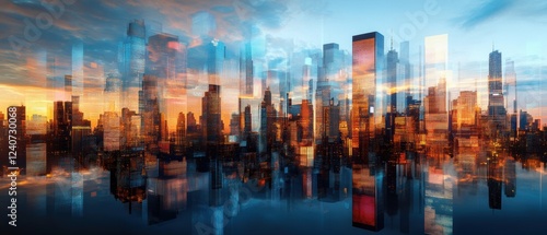 A futuristic cityscape with layered reflections, showcasing urban development and innovation.