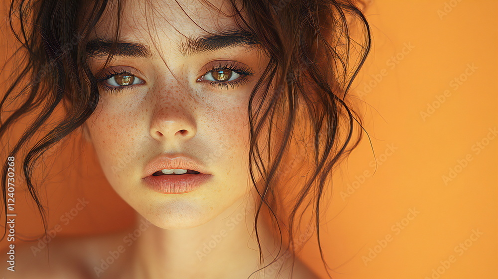 Captivating portrait of a young woman with expressive eyes against a vibrant orange backdrop Captivating portrait of a young woman with expressive eyes against a vibrant orange backdrop
