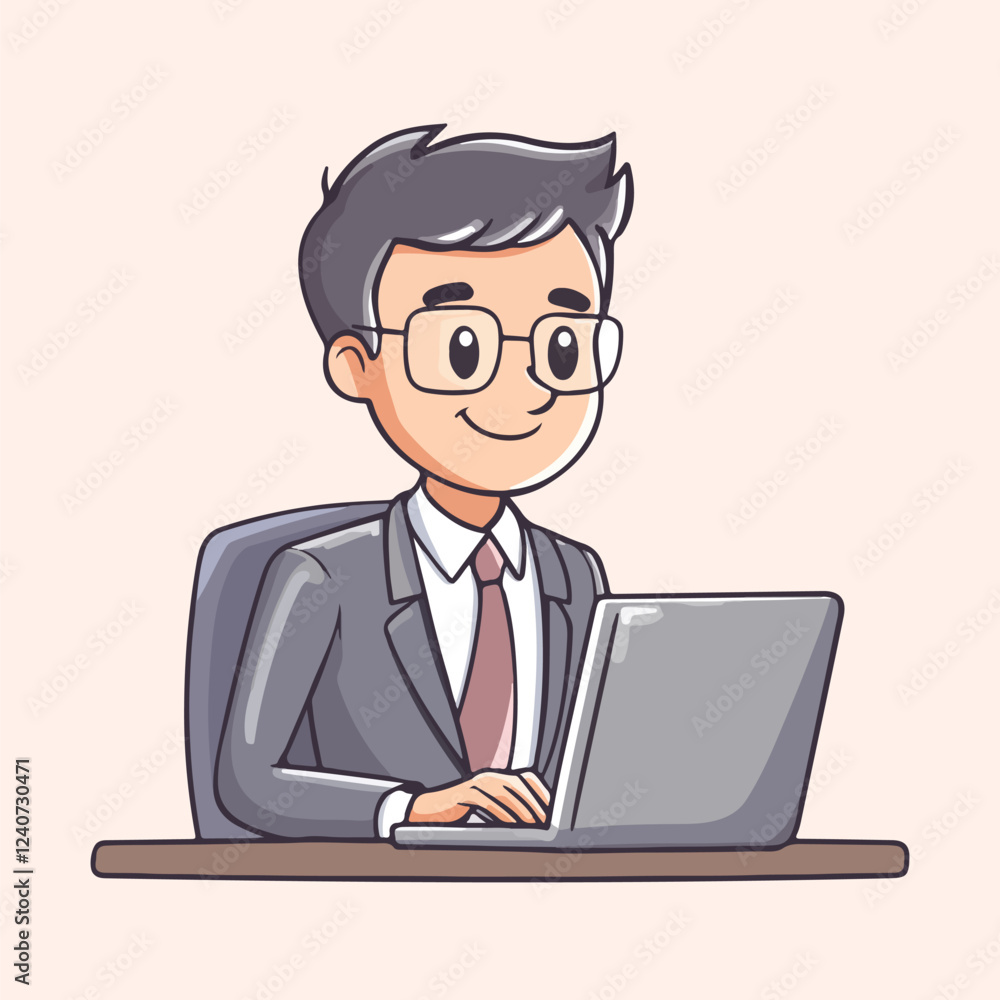 Cartoon employee sitting and typing on a laptop vector illustration Cartoon employee sitting and typing on a laptop vector illustration