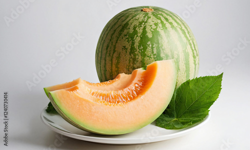 Fresh Green-Skinned Melon with Sliced Pieces on a Plate photo