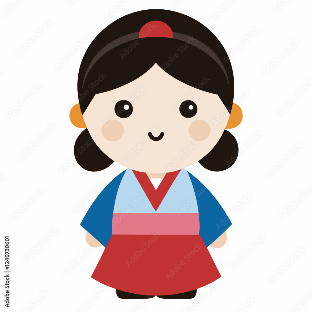 Cute little girl wearing hanbok traditional costume cartoon character vector on white background. Cute little girl wearing hanbok traditional costume cartoon character vector on white background.