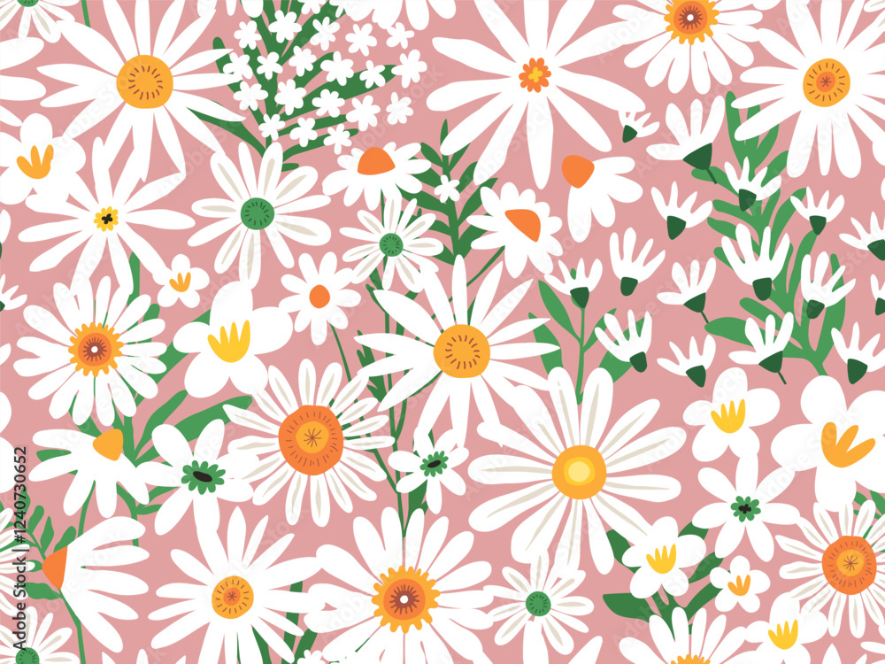 Flower chamomile seamless pattern with hand-drawn floral elements. Blossom botanical vector set for decor, easter, print or textile design Flower chamomile seamless pattern with hand-drawn floral elements. Blossom botanical vector set for decor, easter, print or textile design