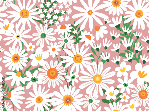 Flower chamomile seamless pattern with hand-drawn floral elements. Blossom botanical vector set for decor, easter, print or textile design