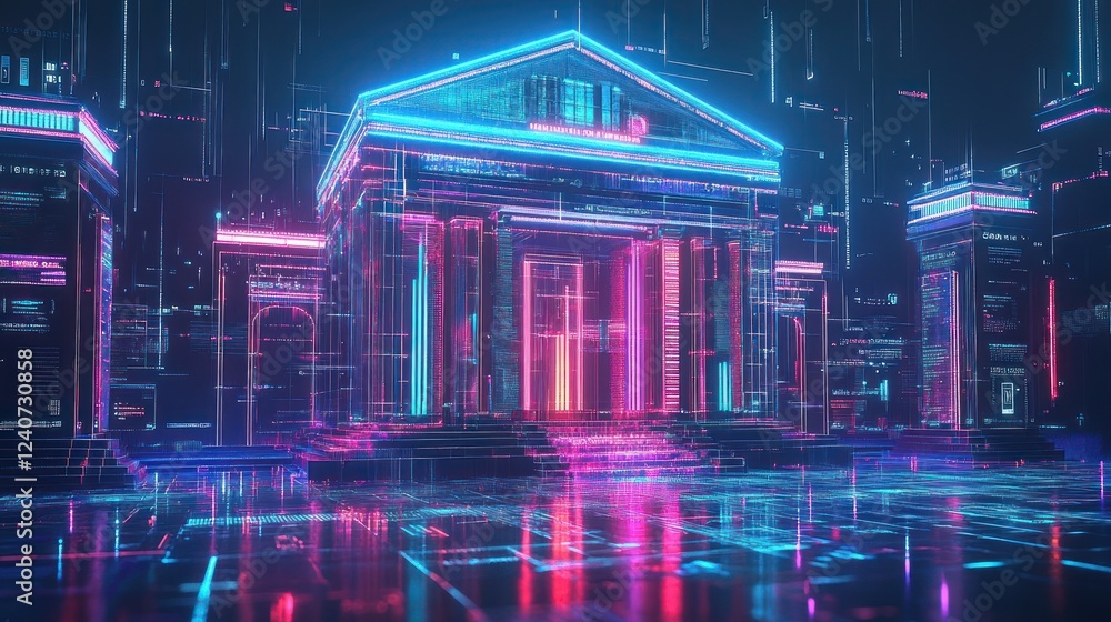 Fototapeta premium Futuristic Bank, Digital City, Neon Glow, Data Stream, Finance