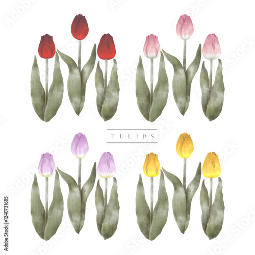 Bunch of red, yellow, puprle and pink tulips