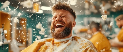 Joyful man with beard laughing in barber shop with hair clippings falling around him, capturing a fun grooming experience