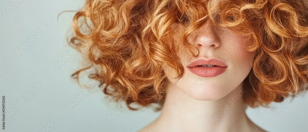 Naklejka premium Woman with Curly Red Hair and Natural Makeup Portrait against Light Background