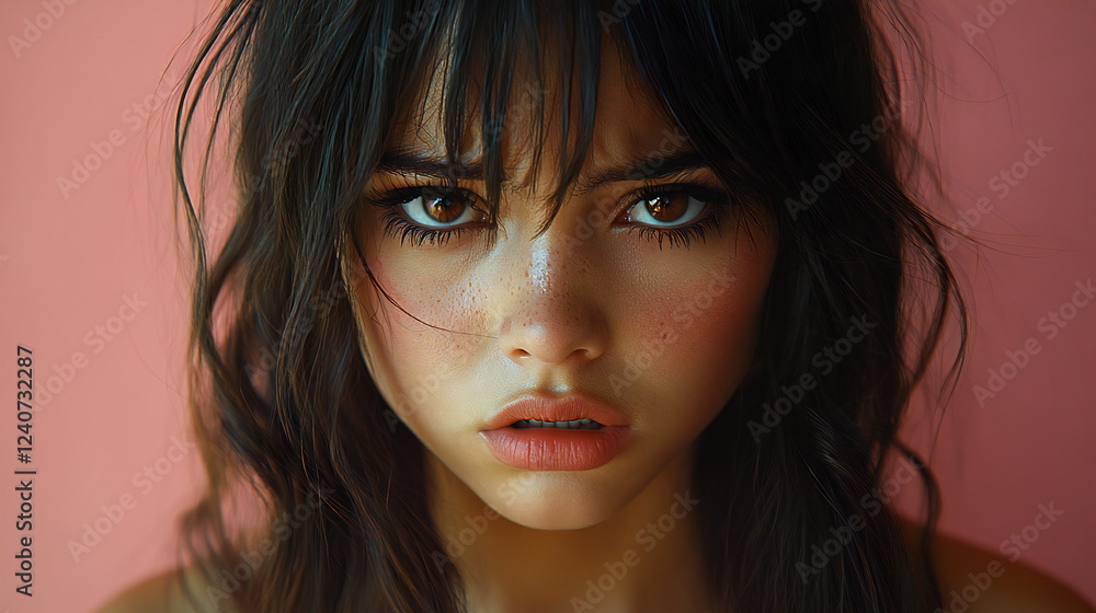 Young woman with expressive eyes and tousled hair against a soft pink background displaying intense emotion and beauty Young woman with expressive eyes and tousled hair against a soft pink background displaying intense emotion and beauty
