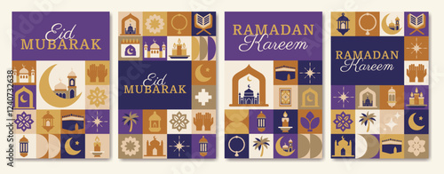A set of Ramadan posters with a variety of symbols and designs, all related to Ramadan. The posters feature a mix of religious and cultural symbols, such as the crescent moon, stars, and palm trees