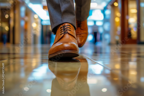 Man in polished leather dress shoes walks purposefully through a busy shopping mall photo