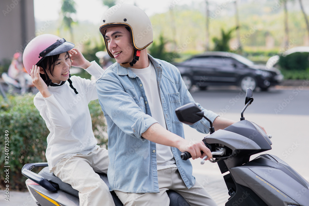 Naklejka premium Dad drives his daughter on his motorbike to school 