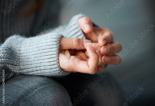 Stress, anxiety and hands of nervous person with worry, fear or abuse in closeup, home or danger. Depression, lonely and scared victim with phobia, mistake or emotional crisis with gesture or trauma photo