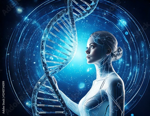 Futuristic Background for Women in Science with DNA Helix and Space Theme Generated image