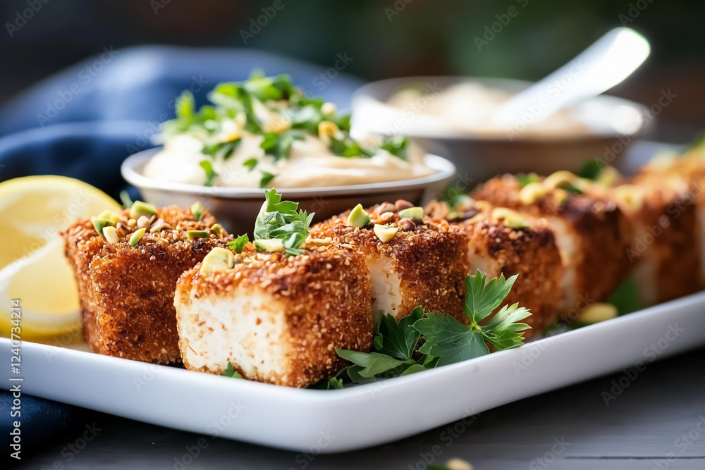Crispy pistachio-crusted tofu bites served with creamy dip and garnished with fresh herbs Crispy pistachio-crusted tofu bites served with creamy dip and garnished with fresh herbs