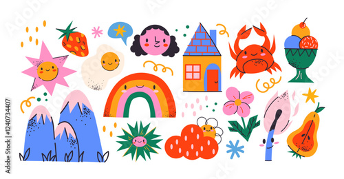 Set cute cartoon doodle stickers in the retro groovy 90s style. Hippie design elements, flowers, pets, raibow, fruits. Acid bright retro 90s sticker pack