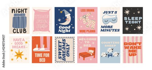 Cartoon good night posters. Cozy pajamas, bed, pillows, moon, bedtime. Trendy night illustrations in doodle retro style. Banners for wall and gift cards photo