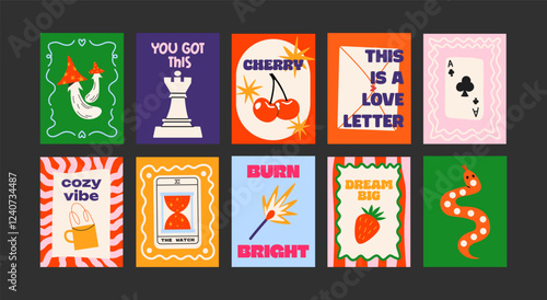 Abstract posters in a minimalist style. Wall decor, trendy banners of summer, flowers , cocktails, disco, animals in the cartoon style of Matisse. Decor of wallpaper, walls, print and postcards