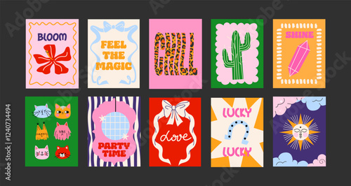Abstract posters in a minimalist style. Wall decor, trendy banners of summer, flowers , cocktails, disco, animals in the cartoon style of Matisse. Decor of wallpaper, walls, print and postcards