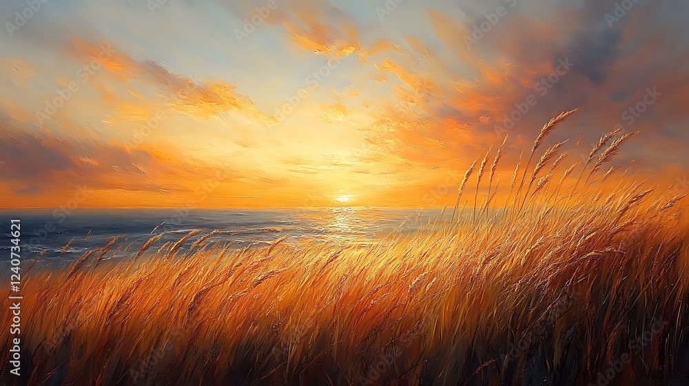 A soft sunset casting a warm, golden hue over a field of tall wild grasses gently swaying in the breeze. A soft sunset casting a warm, golden hue over a field of tall wild grasses gently swaying in the breeze.