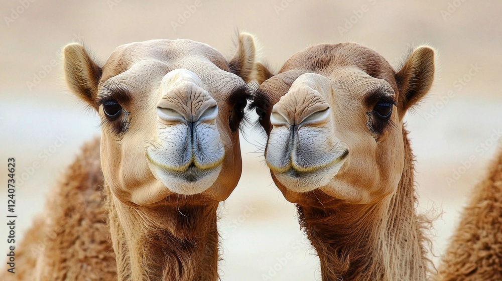 Obraz premium In a serene desert landscape, two camels stand closely side by side, their inquisitive expressions reflecting the tranquility of the warm afternoon sun