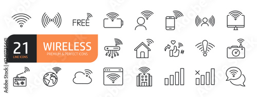 Set of line icons related to wireless, signal, internet, wifi, connect, hotspot and more. Outline icons collection. Editable stroke. Vector illustration.